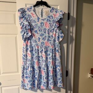 Ladies Blue & Pink Paisley Ruffle Sleeve Dress NWT